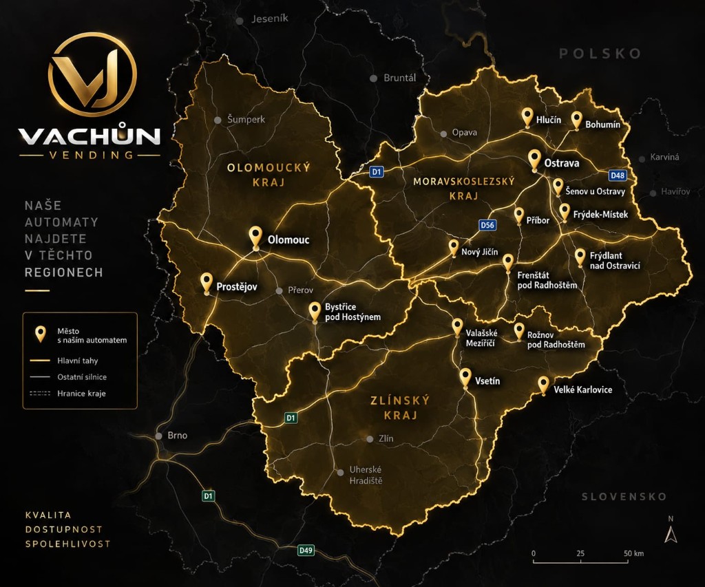 Mapa působnosti s vyznačenými místy, kde stojí automaty Vachůn Vending — Olomoucký, Zlínský a Moravskoslezský kraj